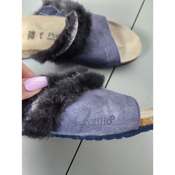 Birkenstock Papillio Amber Wedge Mule Sandals Size 38/ 7 Blue Fur Trim - Picture 6 of 7